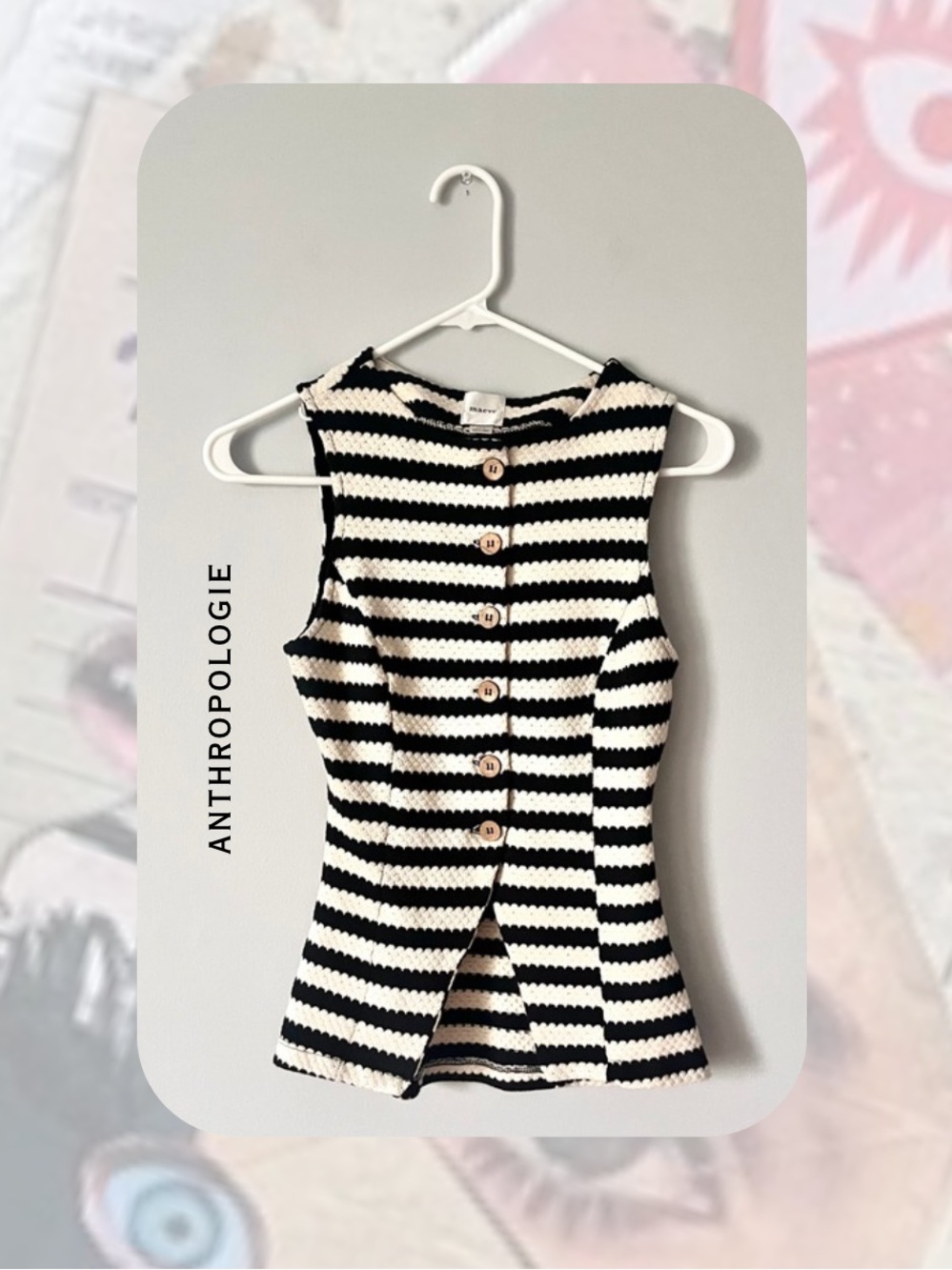 🎉Anthropologie Black & White Striped Knit Button Up Sleeveless Vest Top - Picture 1 of 15